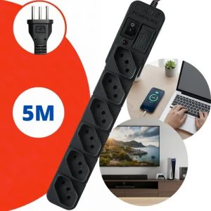 Extensão Régua Filtro De Linha Protetor Energia Elétrica 6 Tomadas Profissional com Fusível Cabo de 5 Metros 110 127 220