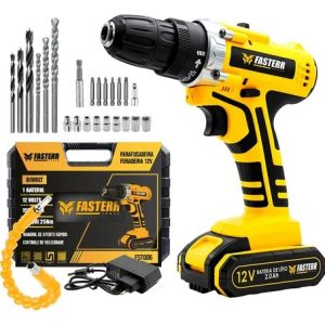 Parafusadeira Furadeira Sem Fio Bateria 12v P/ Madeira Metal Amarelo 50/60hz - Fasterr Fst006-2