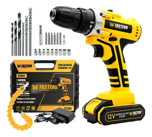 Parafusadeira Furadeira Sem Fio Bateria 12v P/ Madeira Metal Amarelo 50/60hz - Fasterr Fst006-2