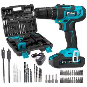 Parafusadeira Furadeira De Impacto Profissional 21V 3/8 10mm Philco PPF21MF Com Maleta e 74 Acessórios Azul