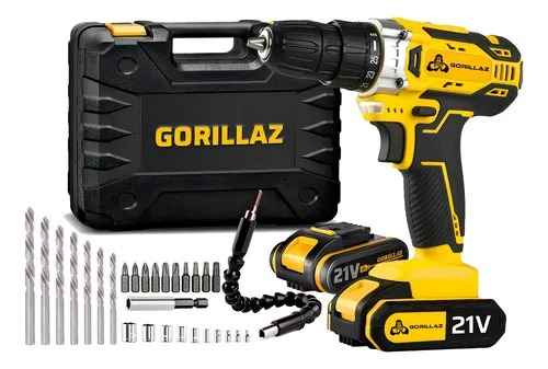 Parafusadeira Furadeira Impacto 2 Baterias 21v + Acessórios Amarelo Gorillaz GRZ-21N