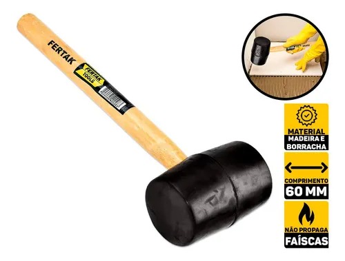 Martelo De Borracha Preta 60mm Marreta 16oz Cabo De Madeira